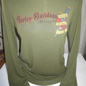 Harley-Davidson Women's LS Top Olive Green Size LARGE 100% Cotton